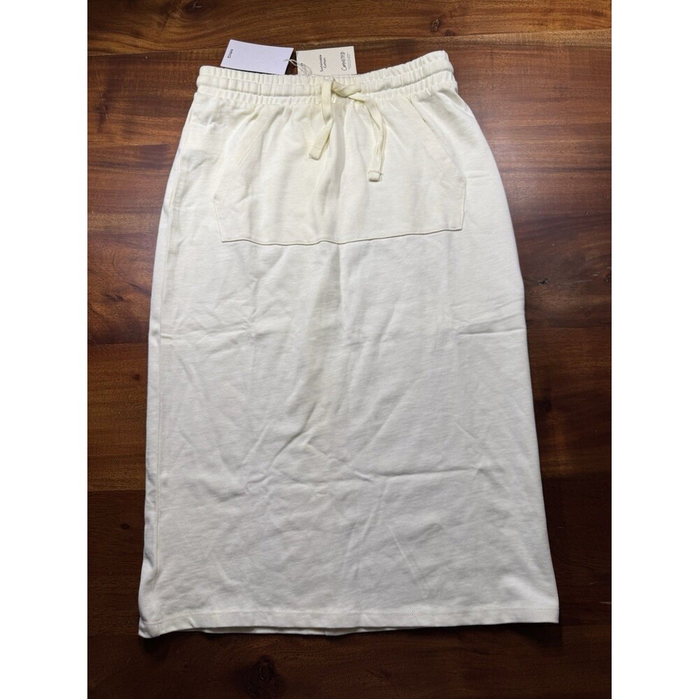 MNG by Mango Pale Yellow Drawstring Pull On Midi Skirt Pockets Size S - NWT